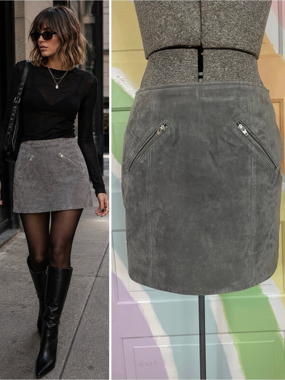 BLANKNYC Suede Leather A-Line Mini Skirt Fog Gray Moto Zip Pockets Sz 26 💚🎀